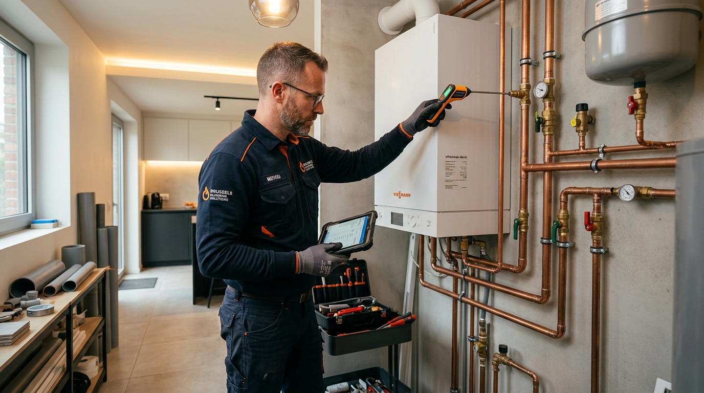 Plombier professionnel Stemaks inspectant un boiler à Woluwe-Saint-Lambert